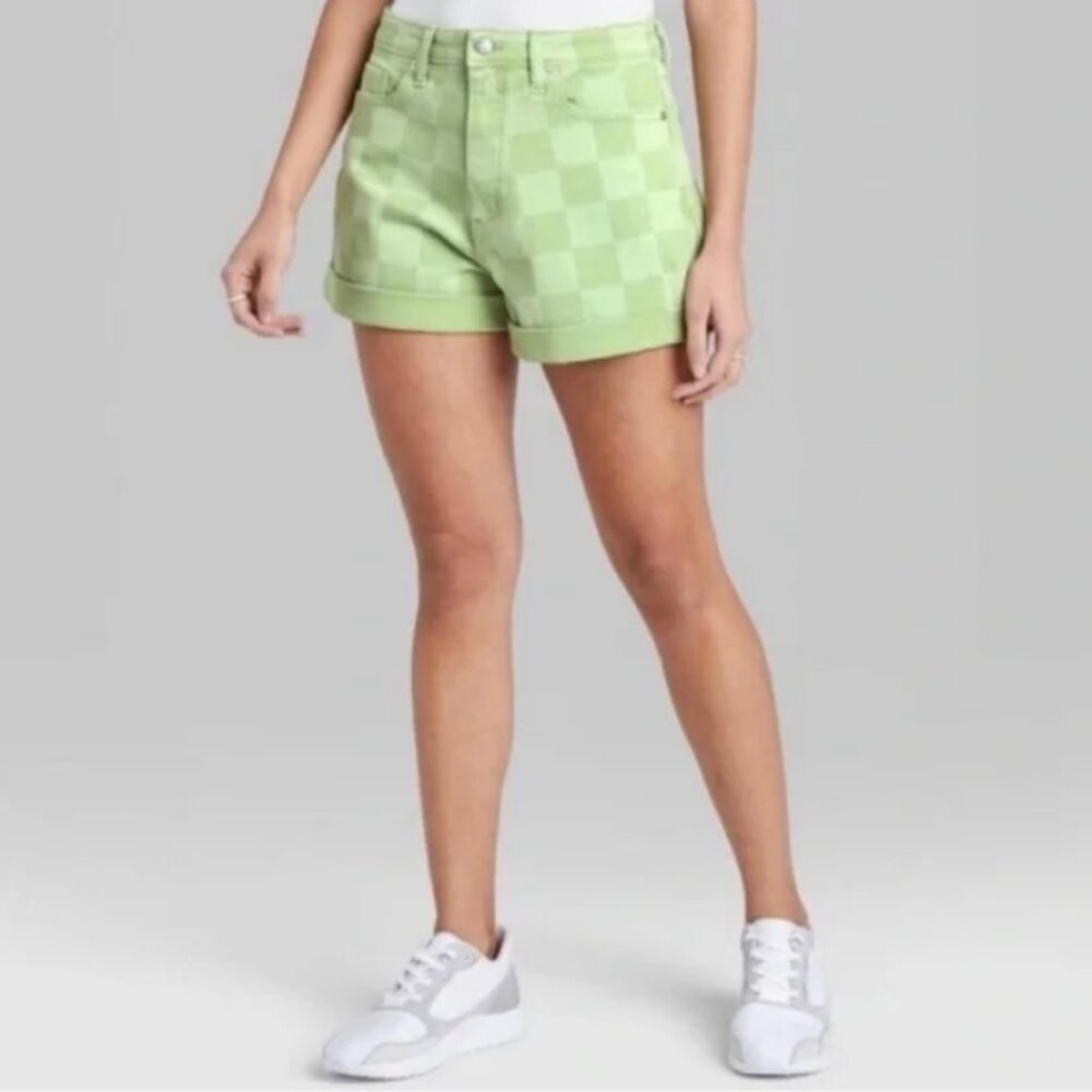 Cute High Rise Green Checkered Denim Shorts Wild Fable
